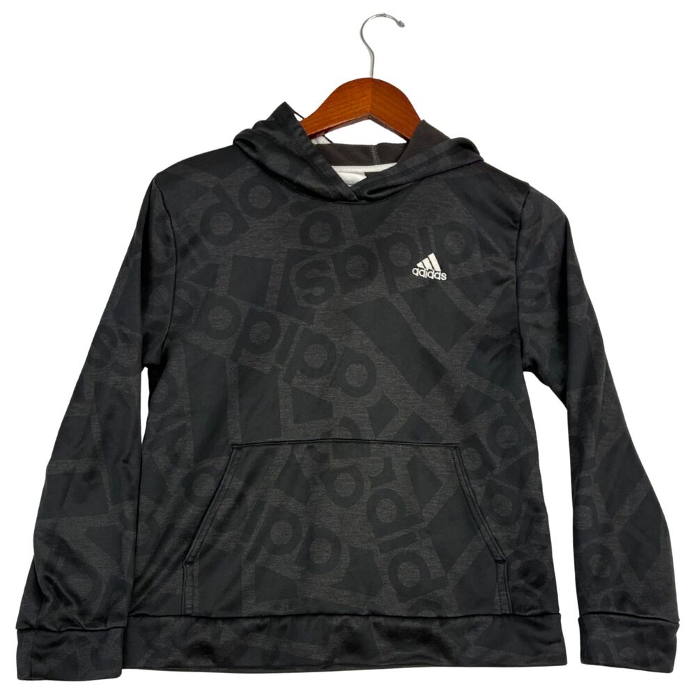 Adidas Girls L 14/16 Black All Over Logo Print Pullover Hoodie Athletic